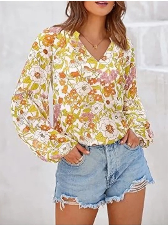 BTFBM Tops - BYFBM Floral V-Neck Balloon Sleeve Blouse in Yellow & Orange